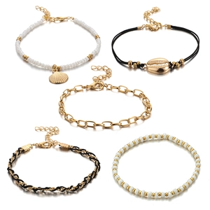Five-piece bohemian beaded and rope anklet set with golden alloy shell and scallop charms