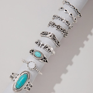 Detail of 9-piece retro silver knuckle rings with turquoise stones and elephant patterns