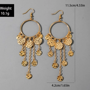 Detail showing weight 10.1g and size 11.5cm for gold U-shaped tassel earrings