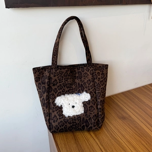 Leopard print faux suede tote bag with cute puppy patch and blue bow accent