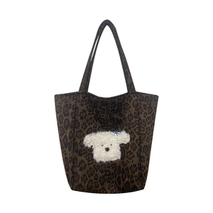 Retro leopard print suede tote bag featuring a cute plush dog patch and large capacity