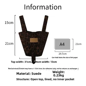 Detail view of leopard print tote bag dimensions and suede material structure