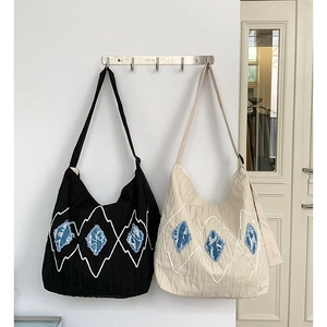 Women Large Capacity Tote Bag Polyester Crossbody Shoulder Bag Adjustable Strap Denim Patchwork Wave Embroidery Chic