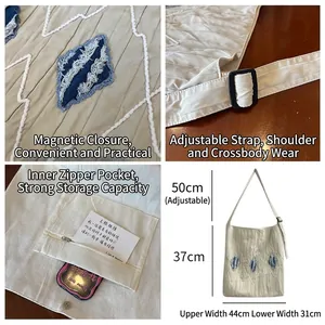 Chic beige canvas tote bag with denim patchwork and adjustable strap shown in four detail views