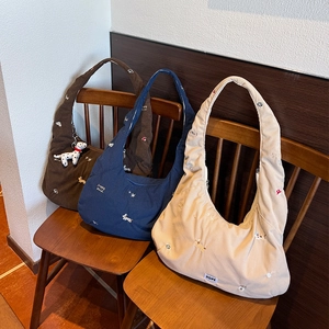 Sac Bandoulière En Velours Côtelé Pour Femmes Grande Capacité Broderie Chiot Rétro Sac À Épaule Hobo Fermeture Éclair Souple