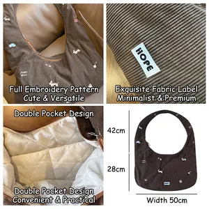 Sac bandoulière en velours côtelé marron avec broderie et grande capacité femme