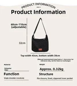 Detailed dimension chart for black polka dot polyester shoulder bag with size specs