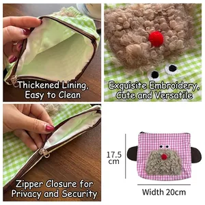 Cute plaid storage bag with 3D monster design and secure zipper closure for girls