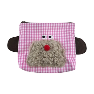 Pink and white checkered makeup bag with a cute 3D cartoon animal face and red pompom nose