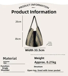 Tabella dettagliata delle taglie della borsa tote a righe in peluche con dimensioni