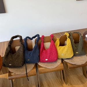Fleece hobo tote bags set in five colors with metal logo and soft shoulder straps