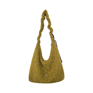 Mustard yellow plush faux fur hobo tote bag with pleated strap and metal logo