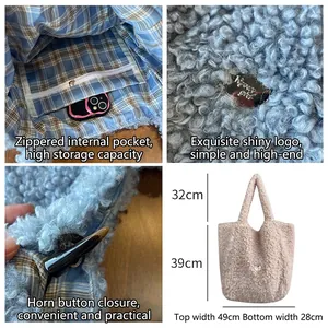 Fleece tote bag with horn buckle and size specs 49x39cm shown in multi-angle view