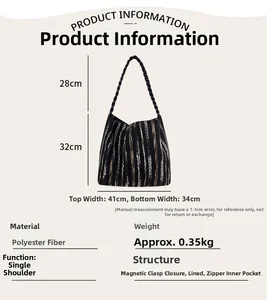 Detailed specs of striped knit tote with dimensions, magnetic closure and inner pocket