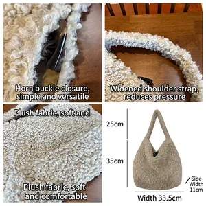 Gray plush tote bag with horn buckle closure and wide straps, size 33.5x35x11 cm
