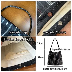 Striped knit tote bag with twist shoulder straps and size dimensions displayed