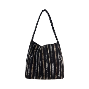 Minimalist striped knit hobo shoulder bag with textured cable strap in black and grey