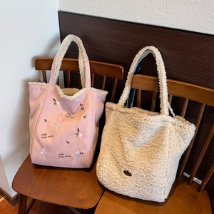 Sacs cabas d'automne hiver en peluche avec broderie rose et polaire blanc crème doux