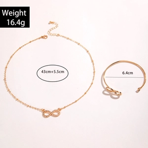 Detailed view of infinity jewelry set with crystal-inlaid pendant and bangle with measurements