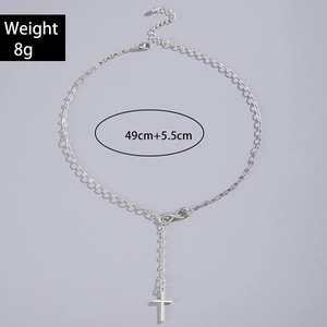 Detail of silver infinity cross necklace with 8g weight and 49cm length specifications