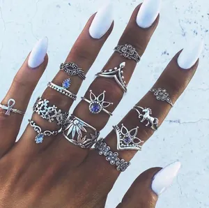 13pcs bohemian vintage silver rings set with blue teardrop gemstones for multi-finger wear