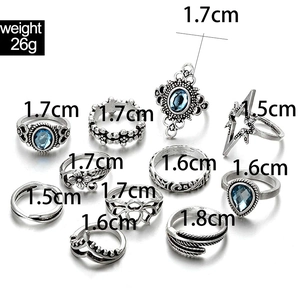 Detail view of 10-piece vintage silver ring set with blue gems and etched patterns