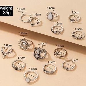 Detailed size and weight layout of 14pc vintage bohemian rings set with gemstones