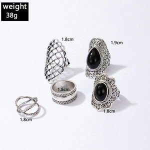 Detail view of five vintage silver bohemian rings with black stones and size dimensions
