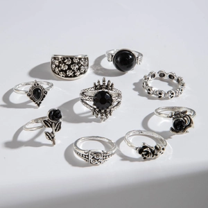 Detail view of 9-piece vintage gothic ring set with black stones and skull motifs