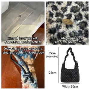 Adjustable leopard print plush shoulder bag with drawstring and handmade metal tag