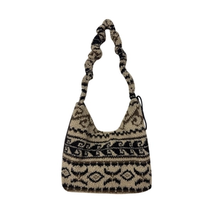 Winter plush drawstring shoulder bag with geometric patterns and ruched handle strap