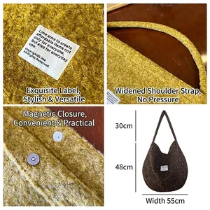 Large plush hobo shoulder bag with wide strap and magnetic closure in yellow and brown