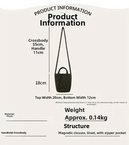 Détails du sac à main en peluche verte avec dimensions, sangle et boucle magnétique