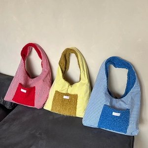Winter plaid tote bag with warm lamb wool trim, reversible stylish shoulder handbag for women