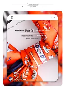 Detailed view of 70x70cm orange polka dot scarf made of 100% polyester fabric