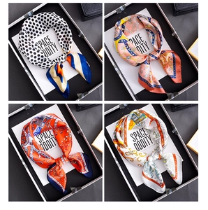 Collage showing four retro contrast polka dot silk scarves with vibrant palace patterns
