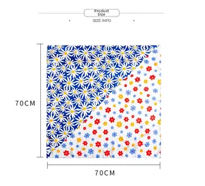 Size info showing a 70cm square silk scarf with floral and daisy patchwork patterns