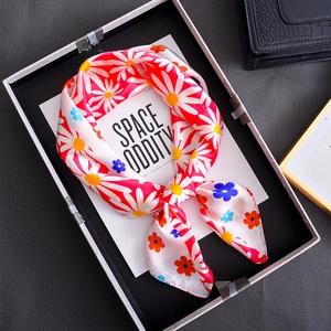 Colorful daisy print square silk scarf presented in an elegant black gift box set