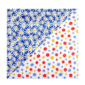 Floral square silk scarf featuring a split design with blue daisies and small wildflowers