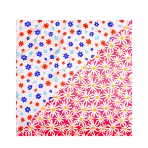 Square floral silk scarf featuring a split design with pink and red daisy patterns