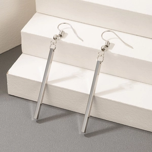 Minimalist silver rectangular bar drop earrings with elegant geometric hook design