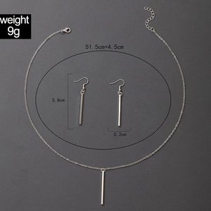 Detailed dimensions of minimalist silver geometric stick necklace and drop earring set