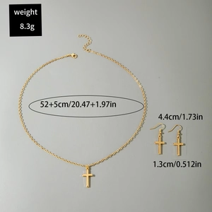 Polished gold cross jewelry set showing necklace and earrings with precise measurements