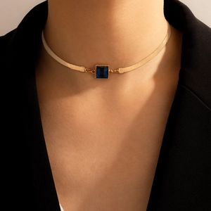 Minimalist Square Blue Gemstone Pendant Necklace Alloy Golden Snake Chain Clavicle Jewelry For Women Fashion Accessory