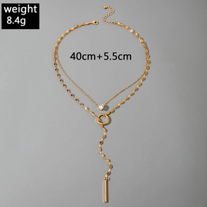 Double-layered gold necklace with heart zircon and bar pendant, weight 8.4g, 40+5.5cm