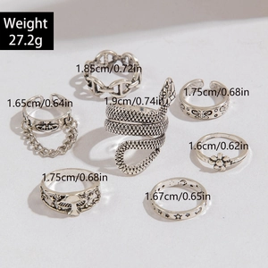 Detail view of 7-piece vintage silver snake and mushroom rings set with dimensions