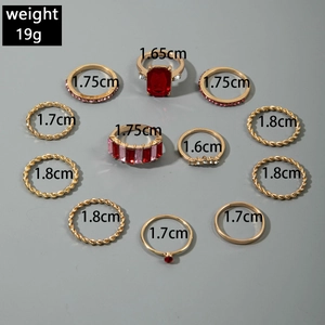 11-piece gold boho ring set with red gems and rhinestones, weights 19g and 1.6-1.8cm diameter