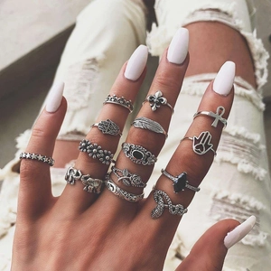 12-piece vintage antique silver ring set with hamsa hand, moon, and gemstone accents