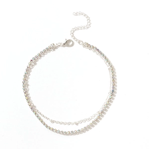 Double-layered silver anklet with AB colorful rhinestones and adjustable lobster clasp