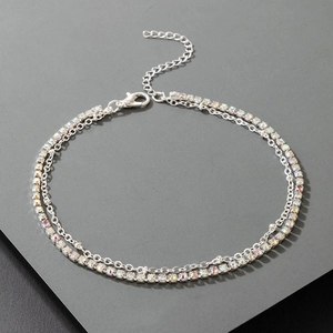 Double-layer silver anklet with sparkling rainbow rhinestones and lobster clasp closure